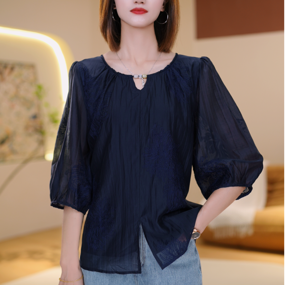 小V领设计感刺绣衬衫女款上衣显瘦气质百搭女装短袖