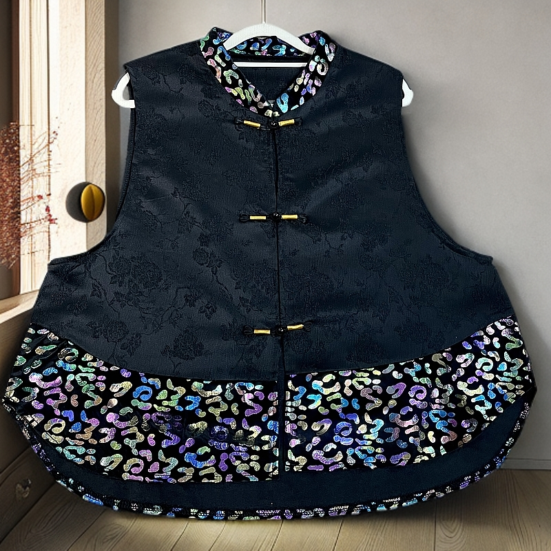 120 新中式人丝双面提花马甲五彩闪片国风盘扣显瘦