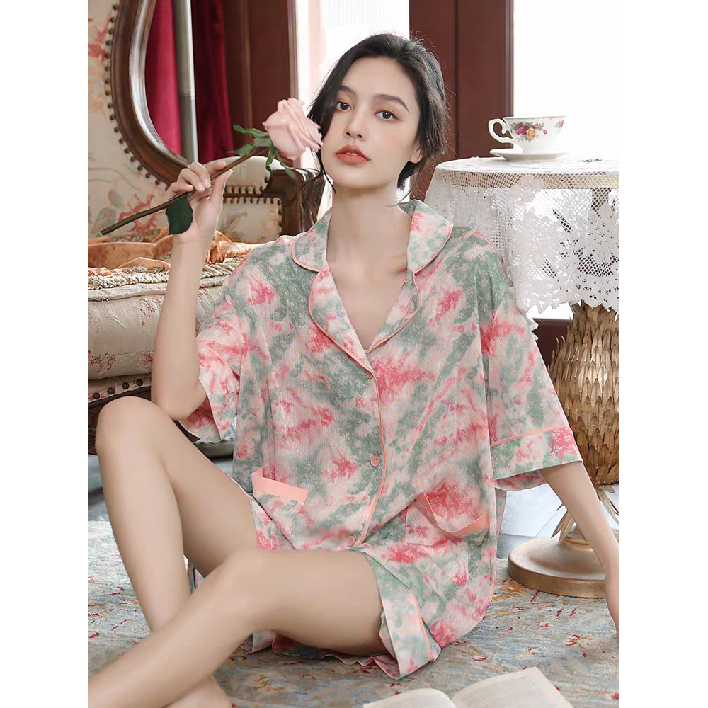门店42&9！谈春色睡衣」博主款/泼墨印花缎面垂坠家居服套装 L41321