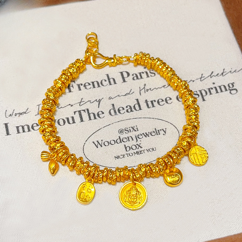 铜合金手链 国风胖福黄财神两世欢盘缠手链福字金坨坨手五路财神