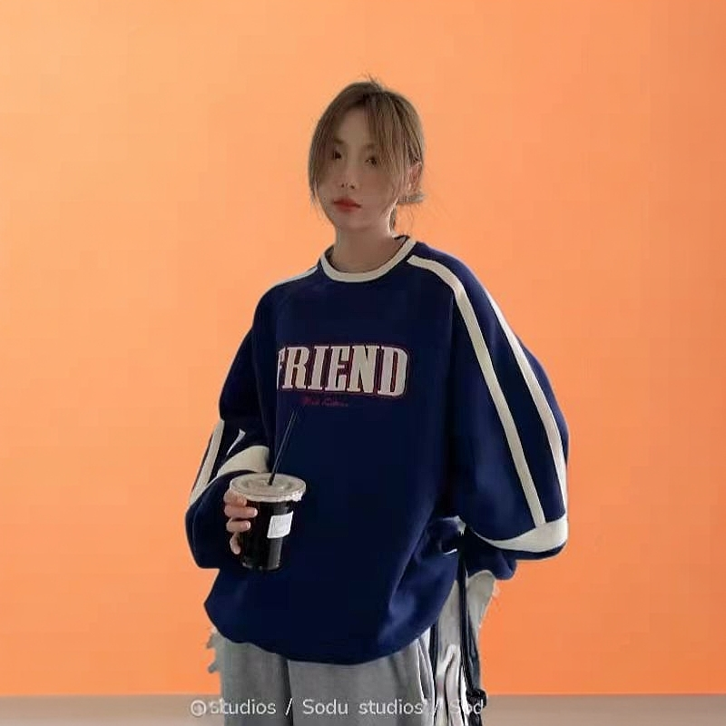 加绒韩版圆领卫衣女宽松撞色插肩长袖复古校园风套头上衣情侣批发