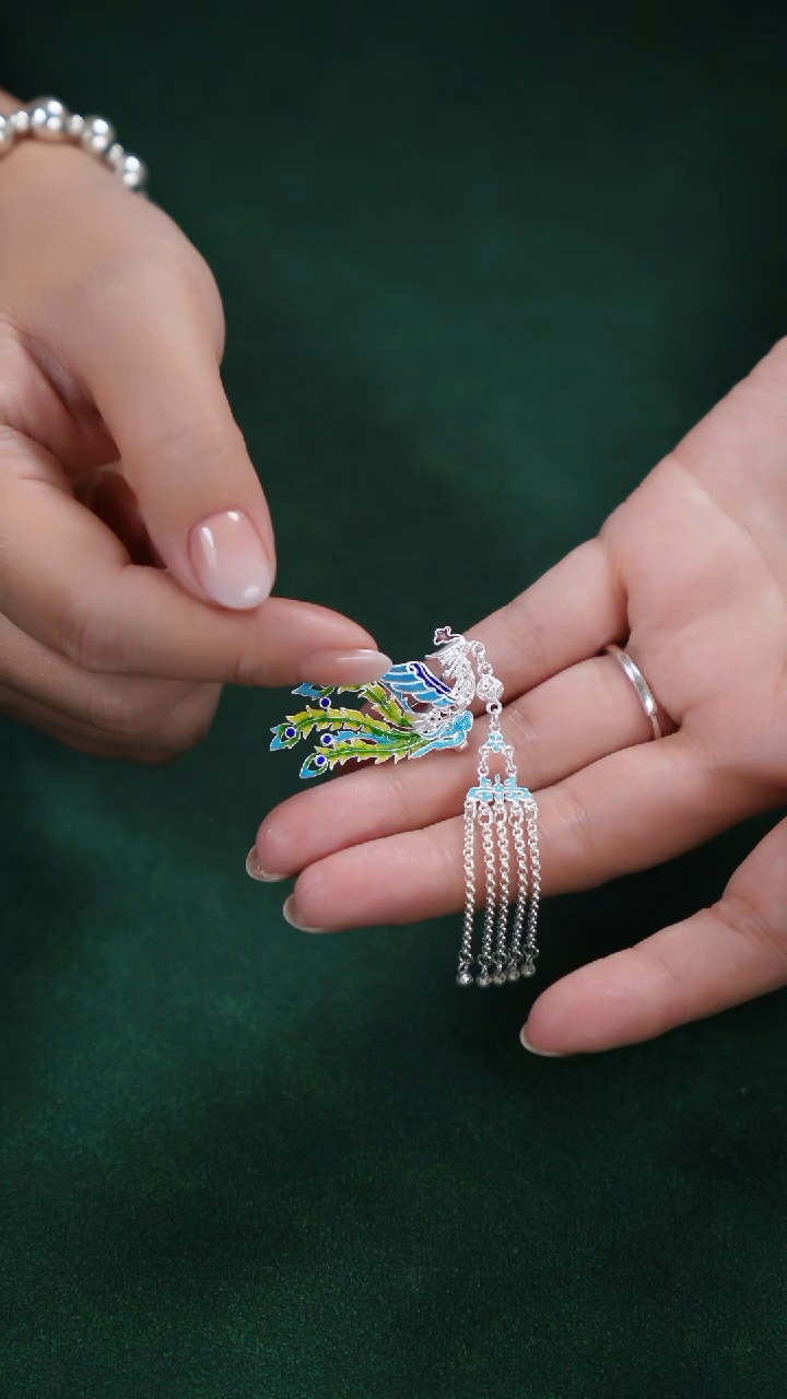 珐琅足银凤凰胸针