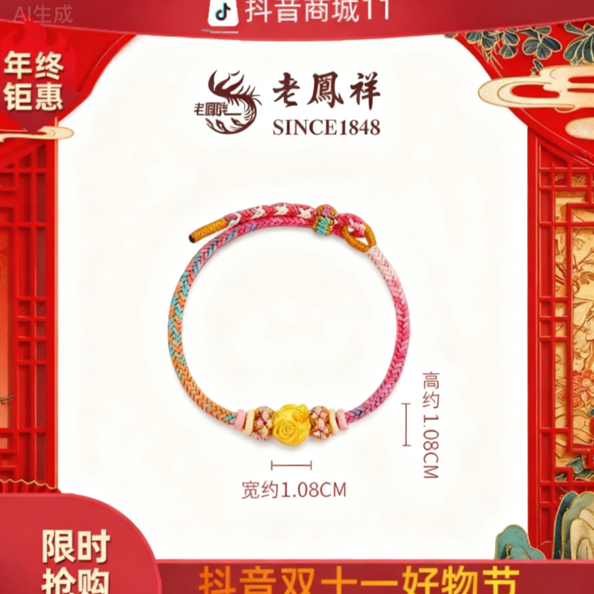 【官方正品】老凤祥足金999 玫瑰蝴蝶手绳黄金克重百搭经典新年礼物