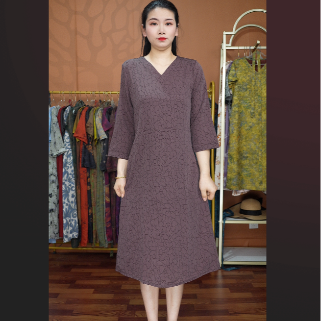 【福利裂纹中袖】妈妈装气质连衣裙洋气中老年女装宽松长裙