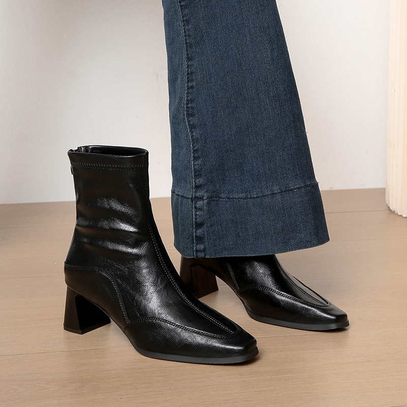 法式复古拼接棕色弹力瘦瘦靴方头后拉链高跟短靴小个子袜子靴