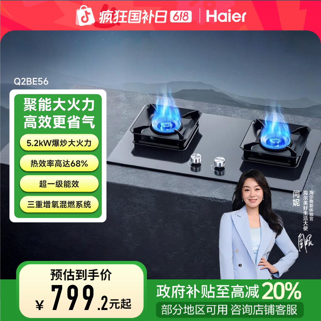 【海尔多地】燃气灶Q2BE56天然气猛火灶5.2kw68%热效率双灶燃气灶具