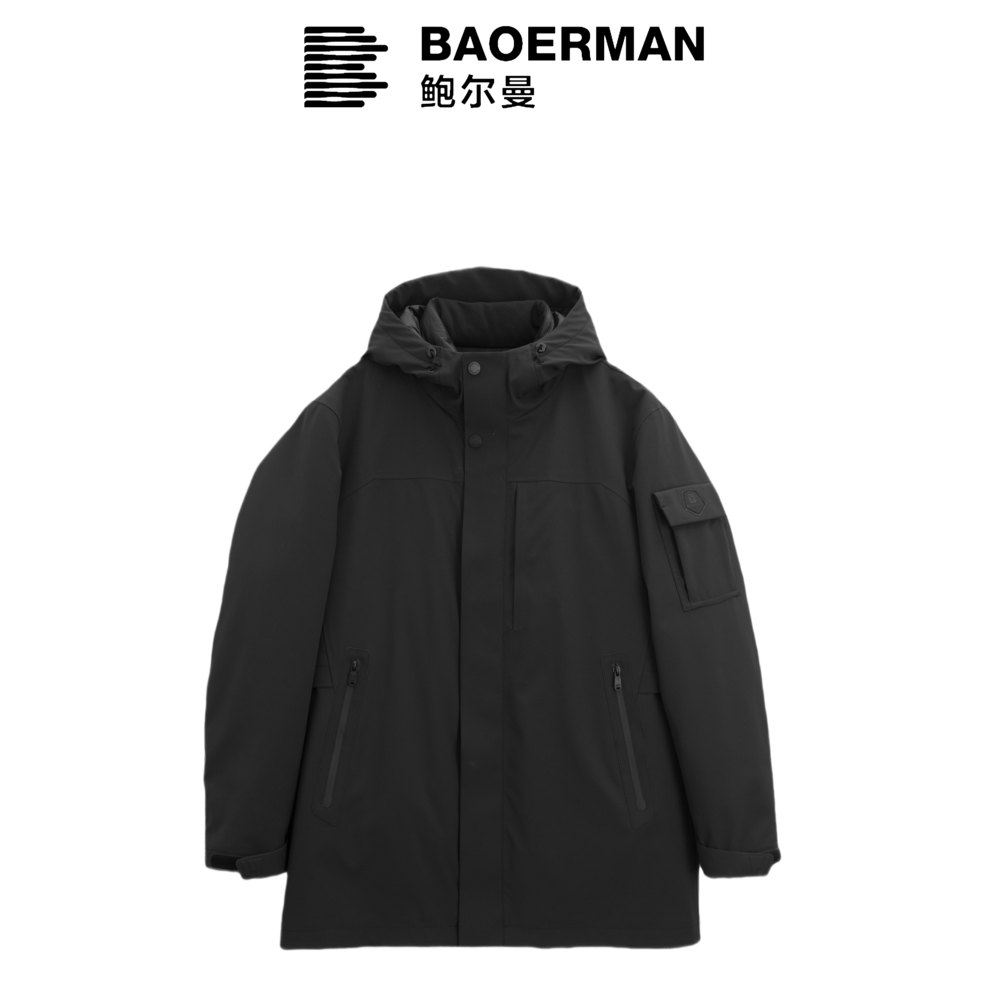 鲍尔曼【雪山皮草派克】甄选美国黑色水貂运动中长休闲连帽男派克服