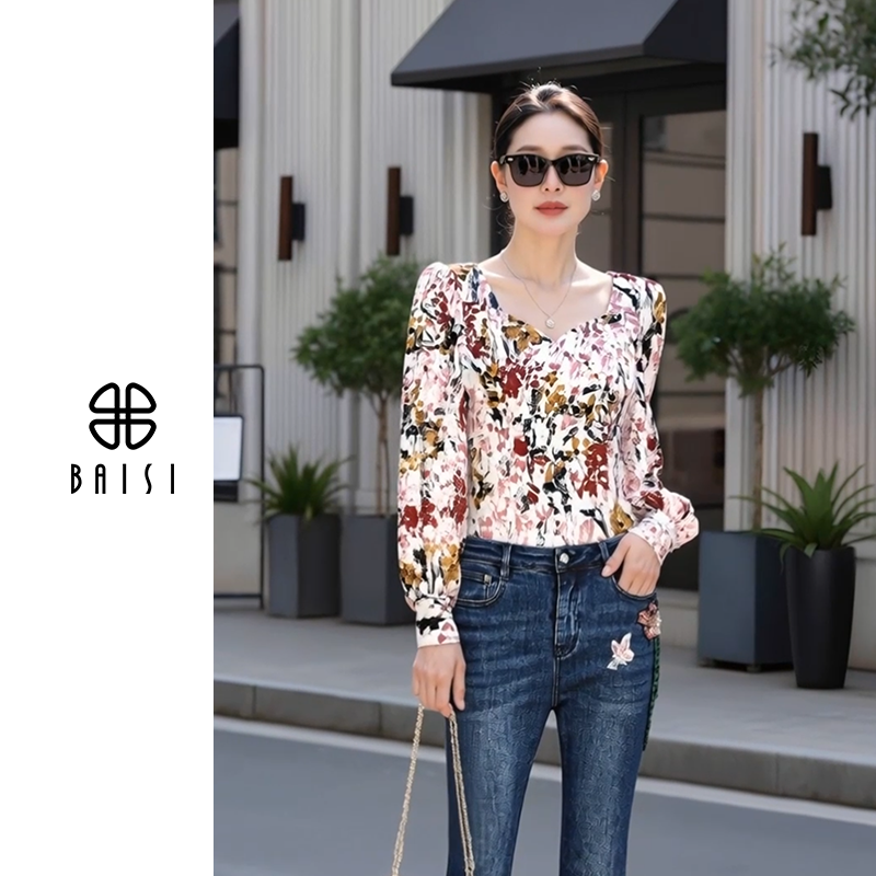 BAISI/百丝法式度假风提花刺绣设计泡泡袖贵气感衬衣