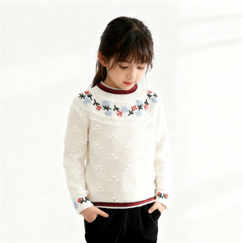 秋冬新款女童羊毛衫重工刺绣小孩100%绵羊毛学生加厚洋气打底毛衣