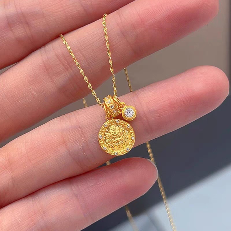 坠链均足银 黄财神吊坠轻奢时尚气质灵动复古锁骨链套链