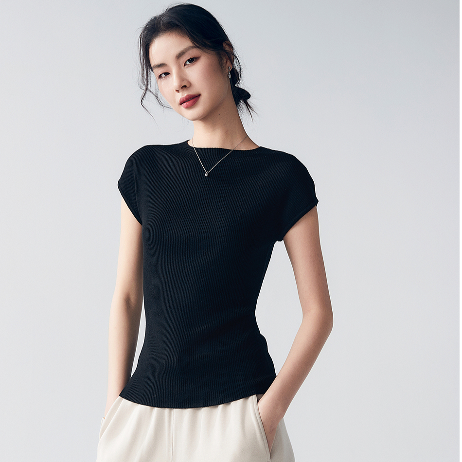 初棉【气质包肩袖】小船领针织衫16针全羊毛修身亲肤352635001