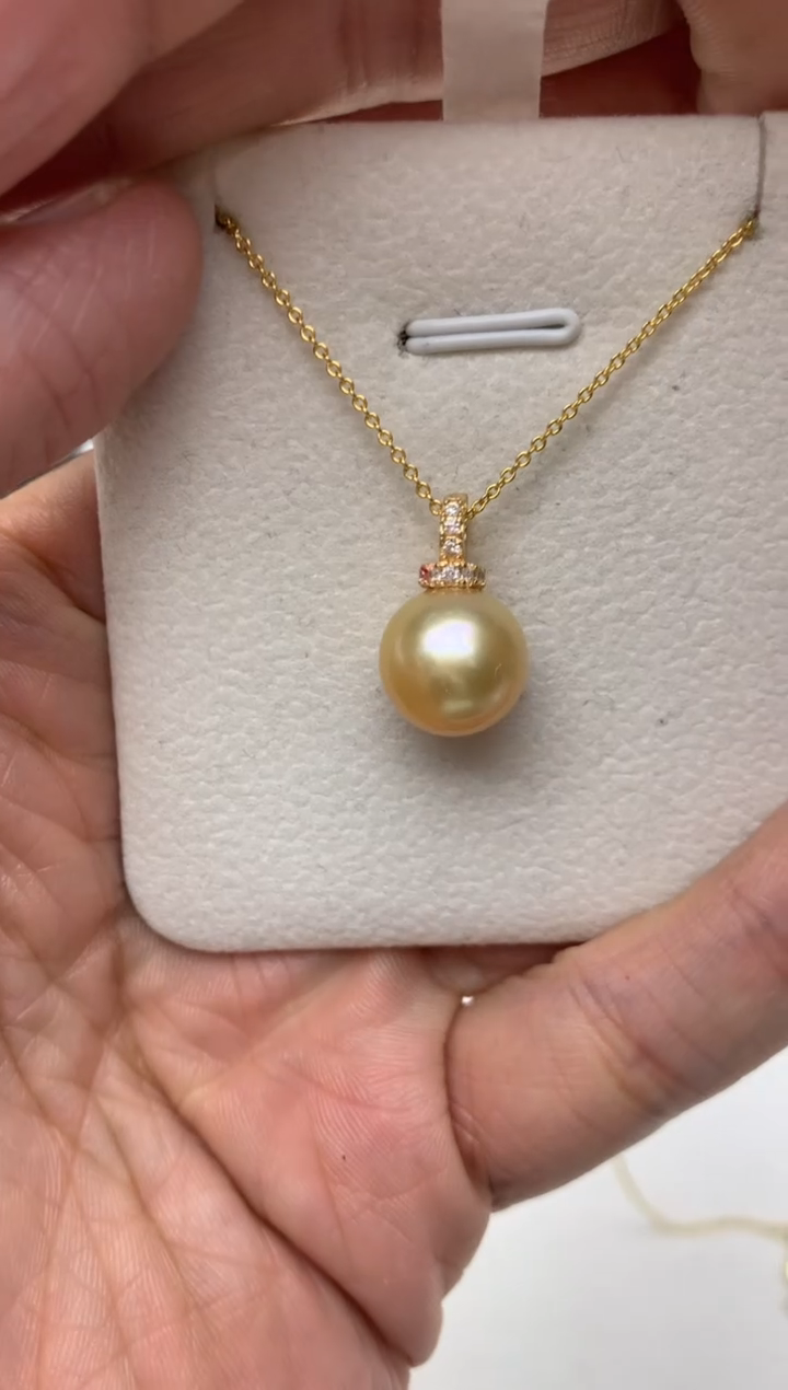 银S925镶嵌ff海水珍珠金珠吊坠(赠链）11~12mm