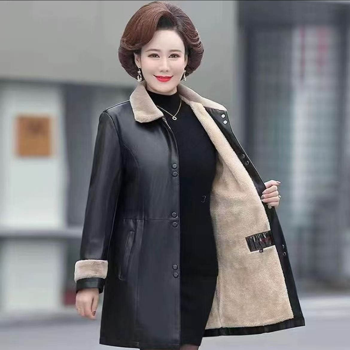 5070-修身洋气冬加厚皮外套中长保暖皮衣