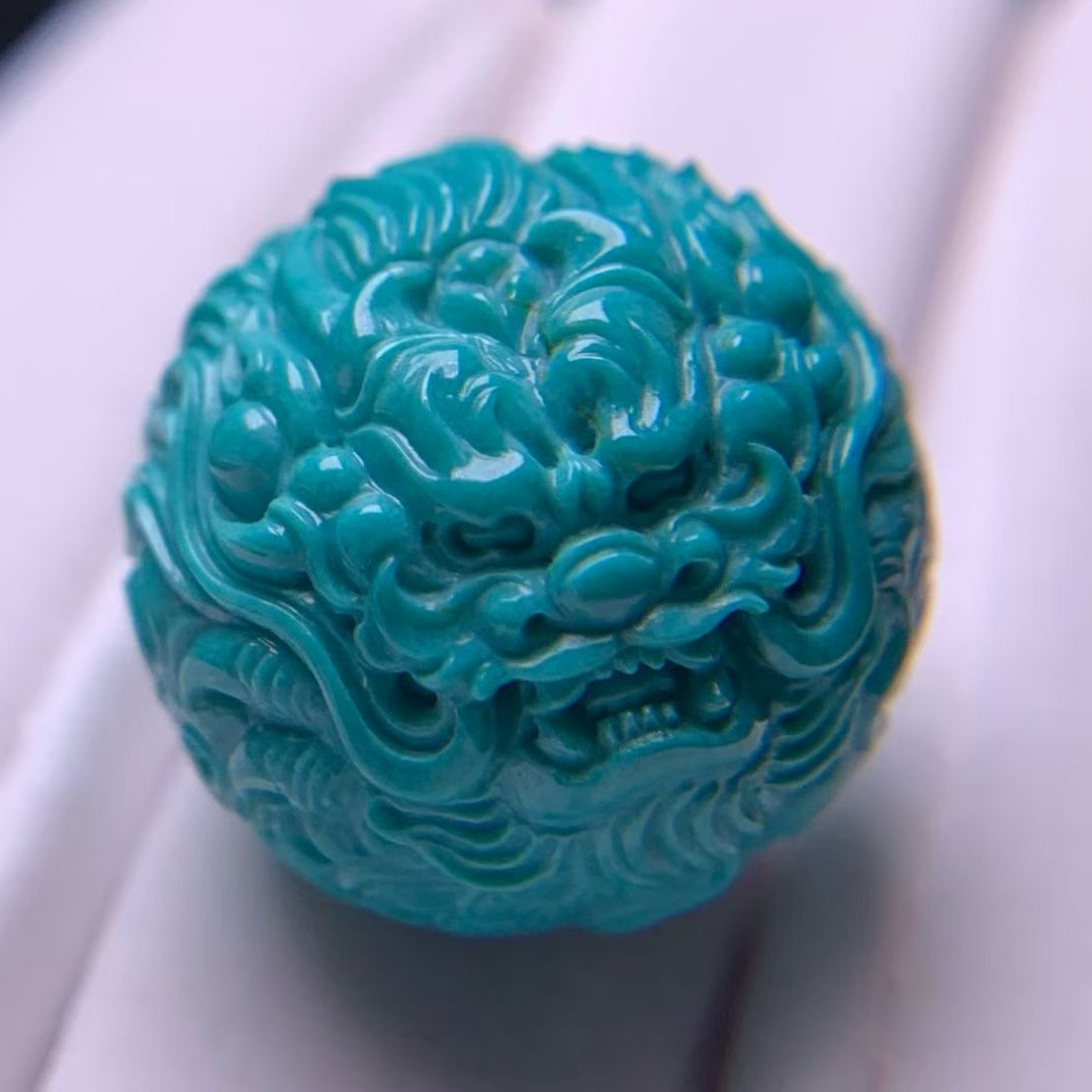 绿蓝色精品玉化绿松石龙珠，玉化料，无水无油，张晓飞亲工，直径18.5
