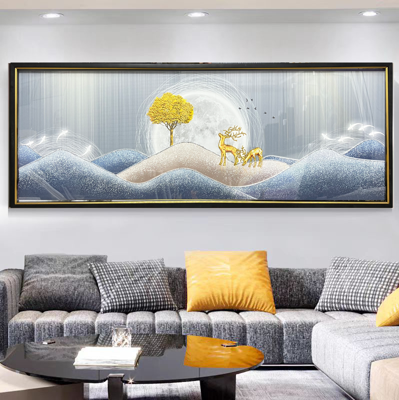 Q138【山水九鱼】山水客厅轻奢沙发挂画钢化玻璃装裱鎏金画