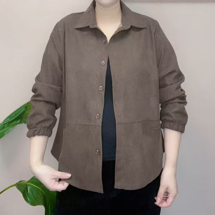 春季新款时尚百搭纯色压花衬衫领气质长袖外套