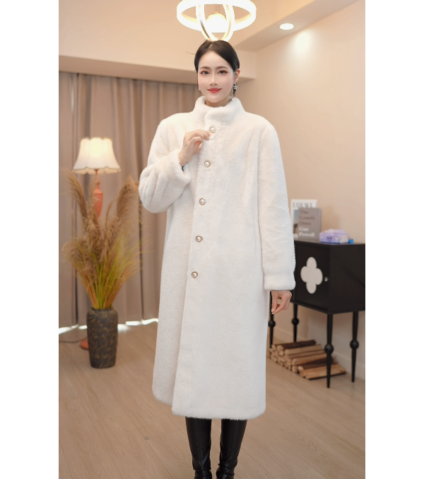 820A高贵时尚皮毛一体欧貂绒金标长款女士外套