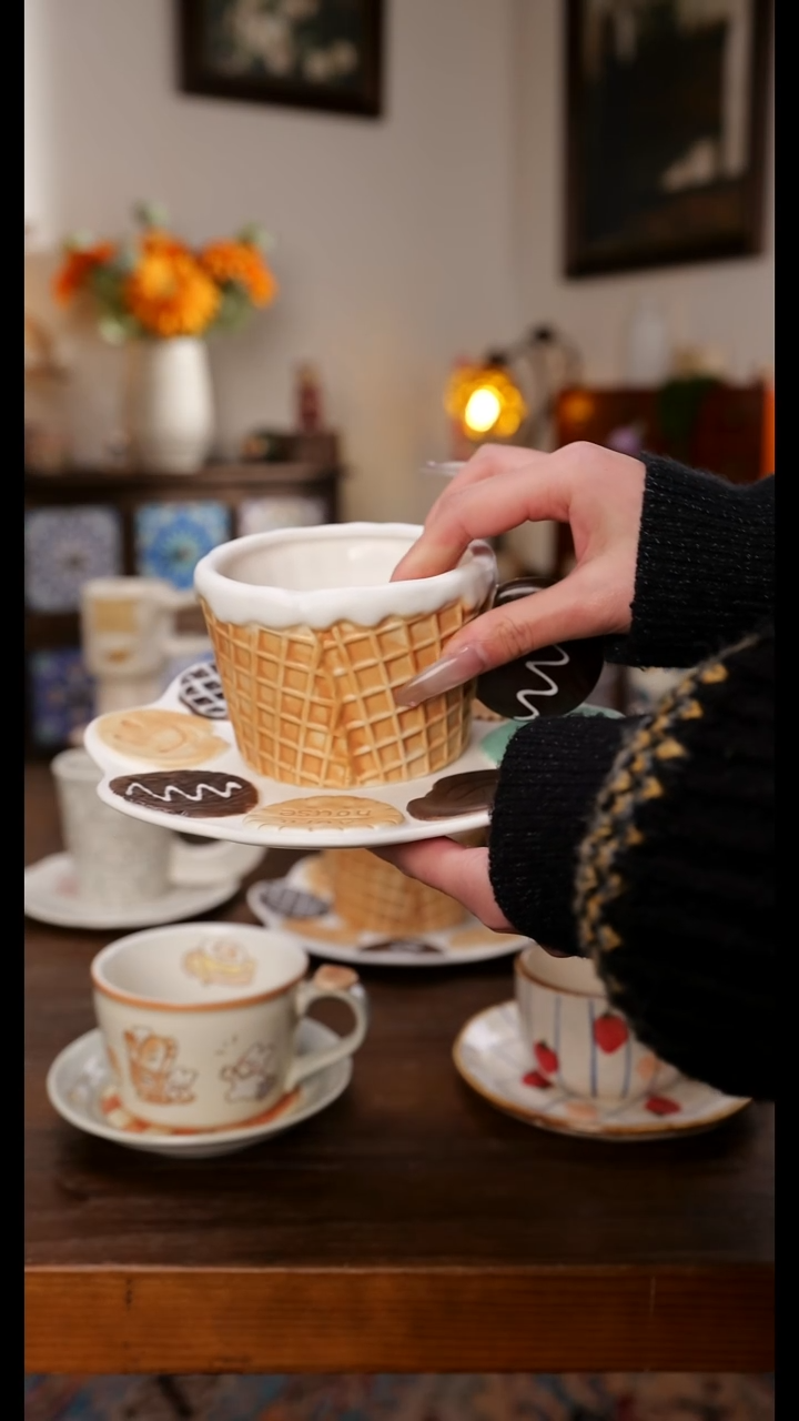 陶瓷便携款华夫饼手作杯碟
