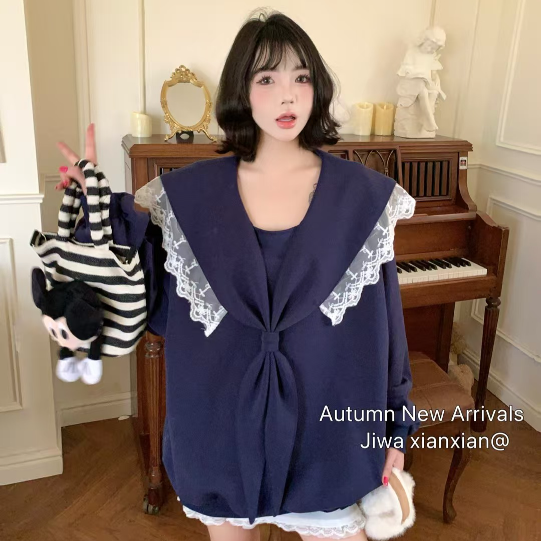 【钱呼呼】2025秋季新款蕾丝花边海军领宽松长袖套头宽松休闲卫衣