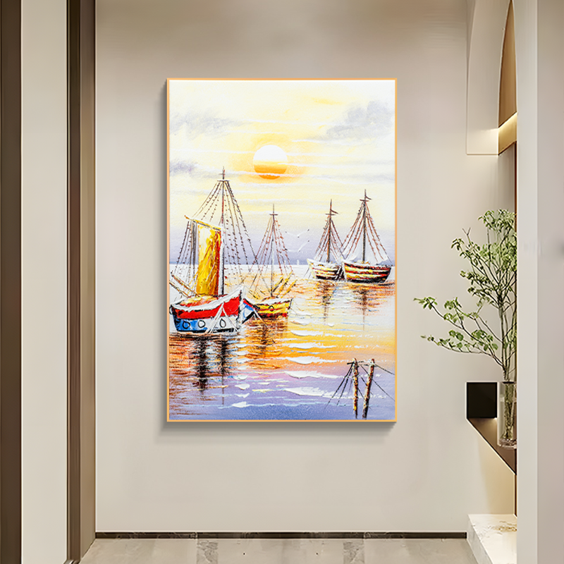 一帆风顺玄关装饰画美式走廊过道挂画竖版餐厅客厅风景船80120