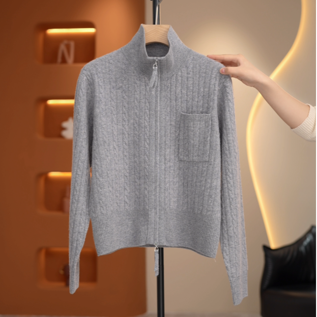 【璐璐】【山羊绒+绵羊毛】时尚立领双头拉链麻花针织开衫-Y19989