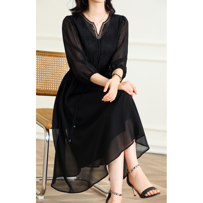 100%桑蚕丝时尚绣花气质女装连衣裙F02A537