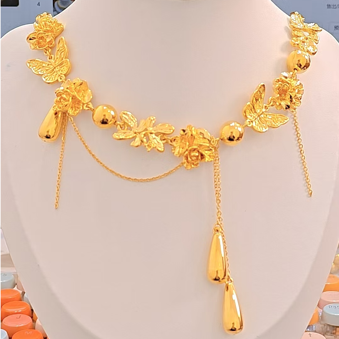 金灵王时尚黄金足金5D无氢工艺蝶恋繁花项链轻奢精美精致