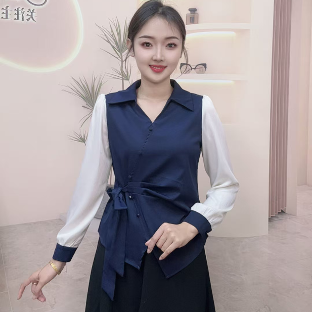 秋季新款百搭设计感腰带蝴蝶结显瘦显腰身V领洋气女士长袖衬衫