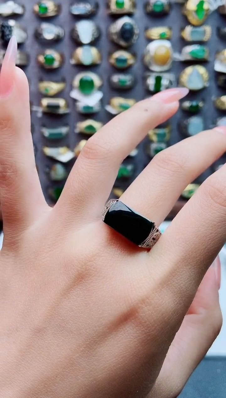 银S925镶嵌戒指翡翠天然翡翠男戒