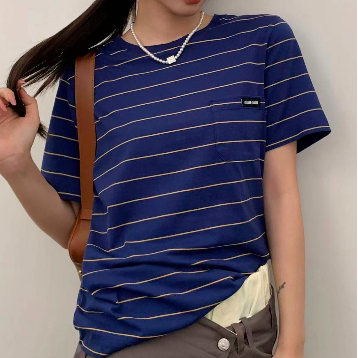未使用 MIU MIU/缪缪 拼色条纹Logo圆领短袖T恤