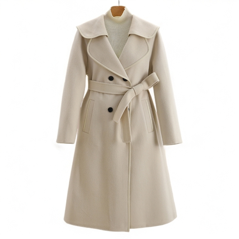 F8359-【力】简约气质方领绑带收腰中长款双面呢大衣#VOS58B028