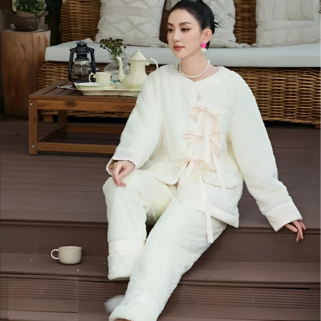 9051时尚保暖家居服套装可外穿高货女款睡衣休闲蝴蝶结系带设计