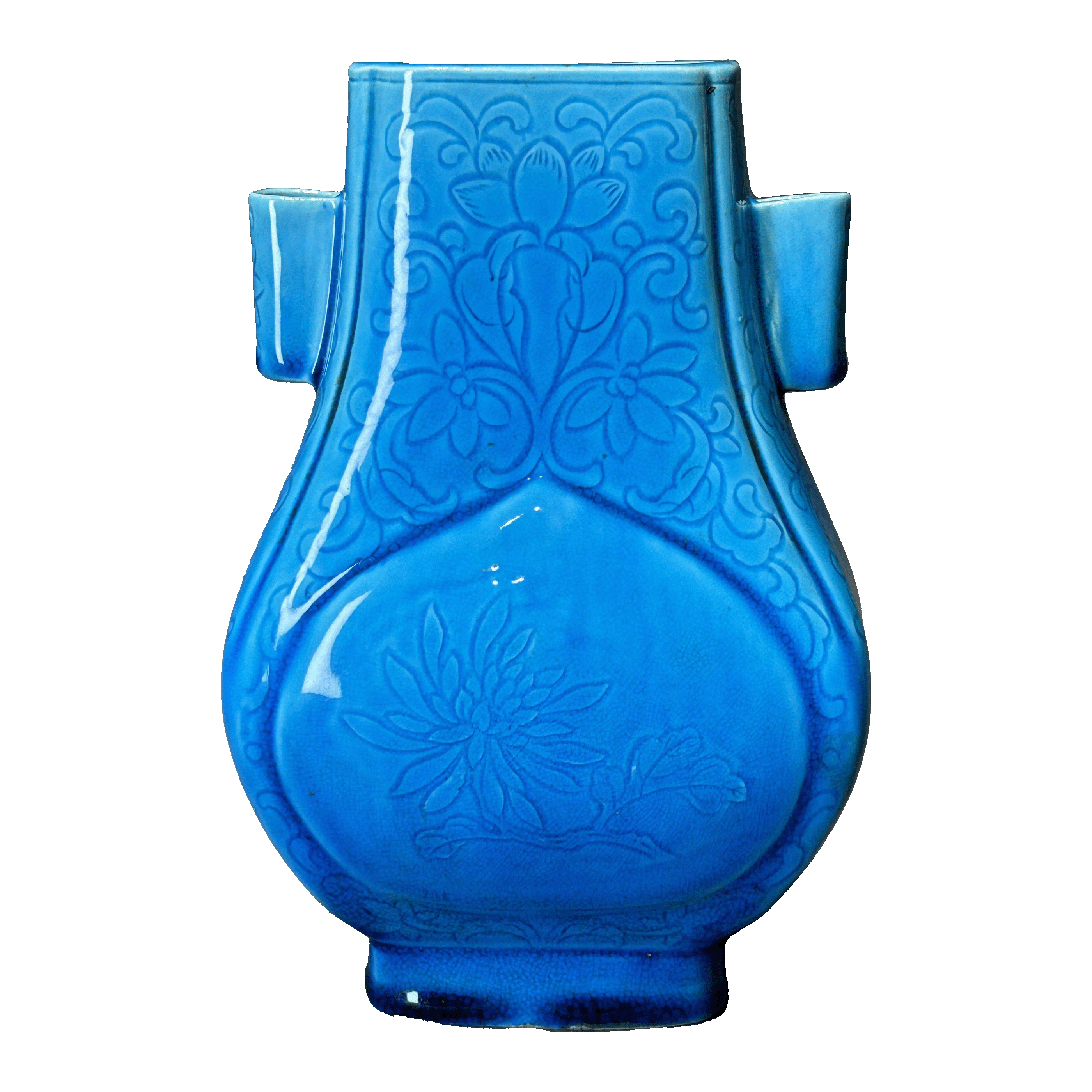 25050412g孔雀蓝釉杏园暗刻花卉四方贯耳瓶