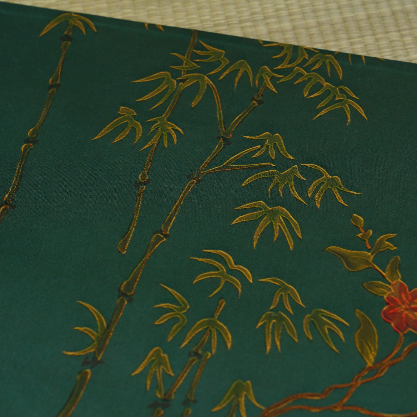 欣蚕居-双面可用香云纱茶席-福禄如竹50*24cm-背面花朵