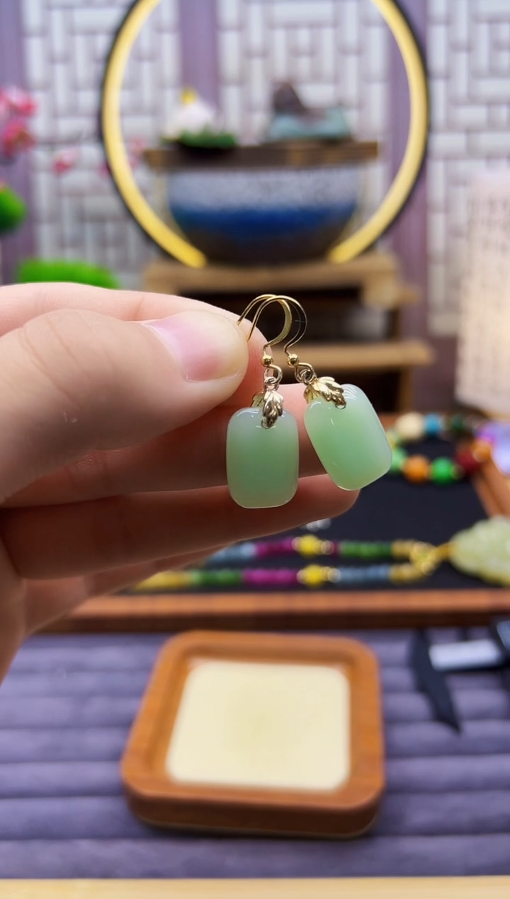 和田玉14K金镶嵌耳饰E227