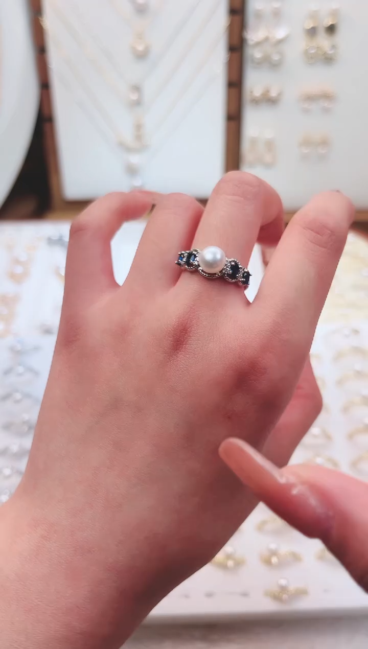 【闪购商品】淡水珍珠戒指合金镜面光蓝宝石