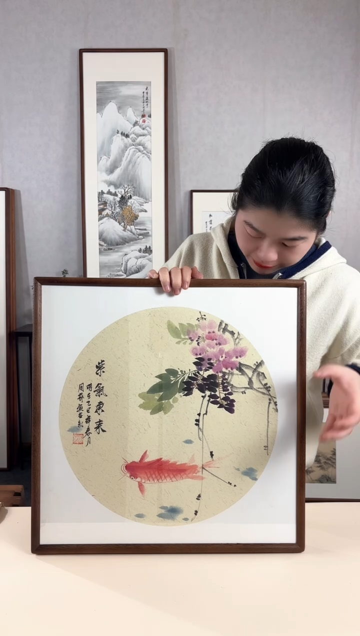 【闪购商品】国画手绘*紫气东来*52*52cm实木框