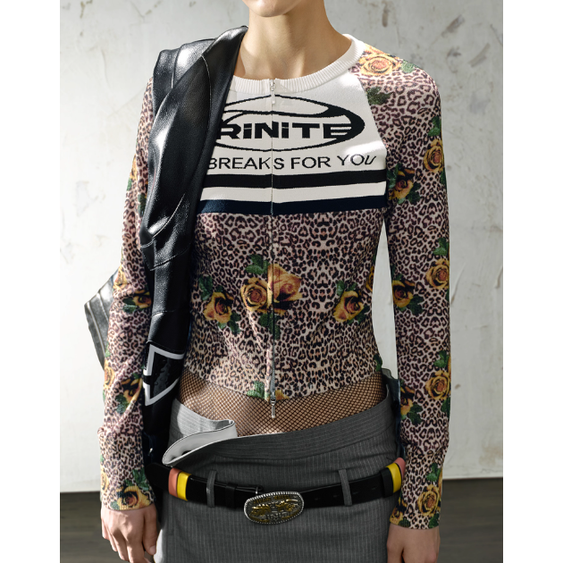 【LOCAT】trinite 豹纹玫瑰图案印花圆领双开针织衫  SY2502-08