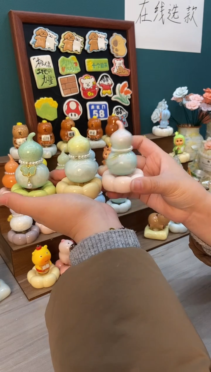 摆件陶绿色 黄色 粉色葫芦景德镇陶瓷摆件3个装