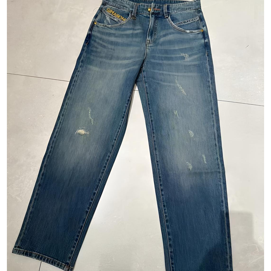 GIMA'RONUS男士早春新款蓝色水洗做旧破洞直筒休闲百搭显瘦牛仔裤