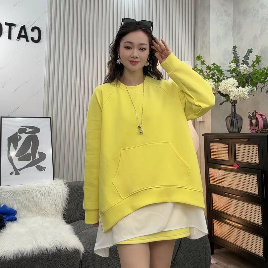 韩版时尚简约风春秋加厚拼接假两件宽松长袖卫衣女休闲百搭WY010#