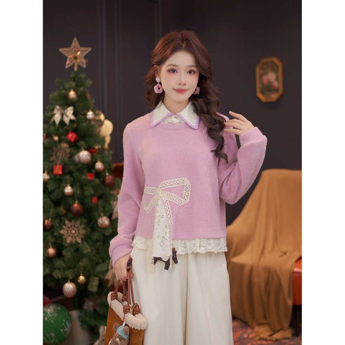 DaYuanSAD【念雅】婉儿蝴蝶结拼接假两件针织衫宽松翻领毛衣#S15050