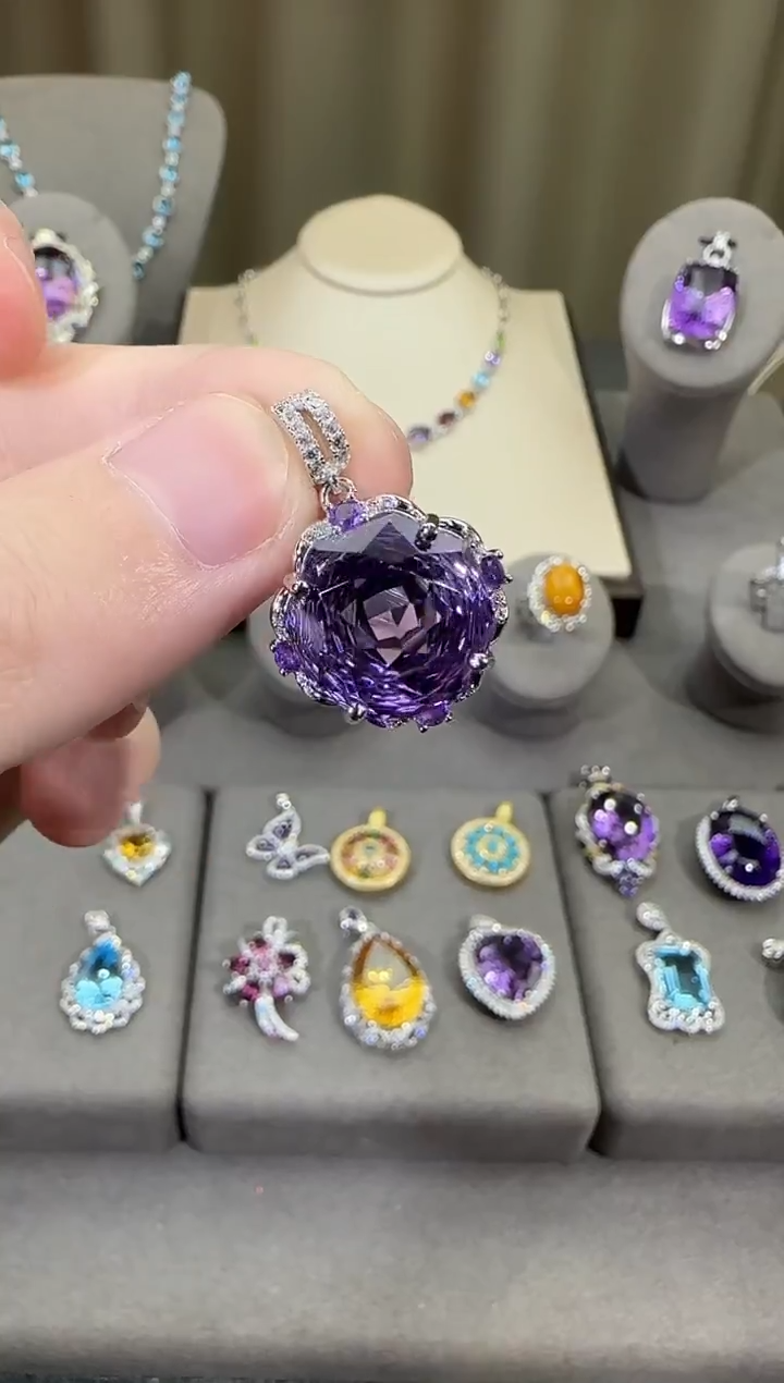 颈饰银S925镶嵌紫晶14mm吊坠玫瑰款