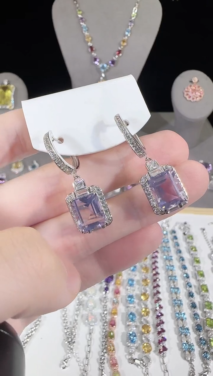 水晶耳饰银S925镶嵌8*10mm薰衣草耳坠