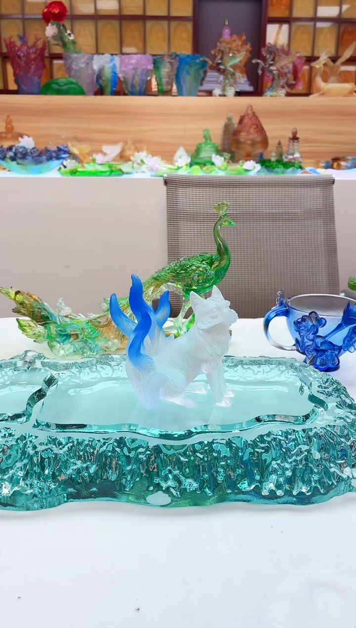 手工艺品琉璃蓝色幸福狐狸摆件10*9*8公分