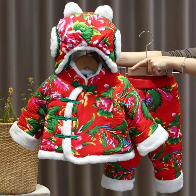 女童东北大花棉袄套装冬季加厚儿童棉服女宝宝过年衣服棉衣潮