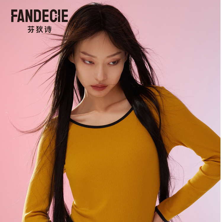 【奥莱专属】芬狄诗撞色打底衫女罗纹秋衣棉毛衫高弹暖肤衣FD00101