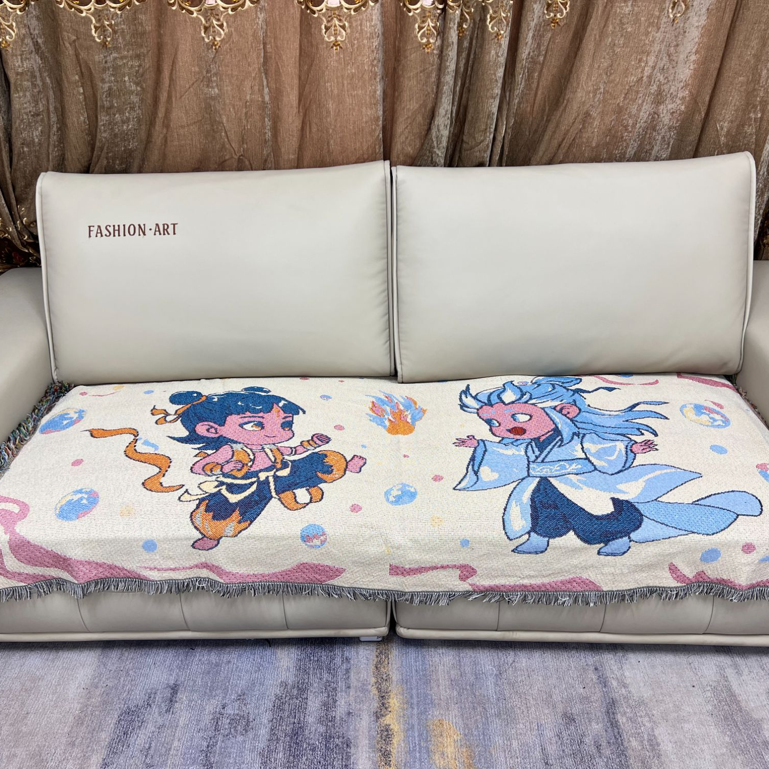 （哪吒闹海）90*180cm（±5cm）多功能四季背靠巾床尾巾沙发巾棉麻混纺