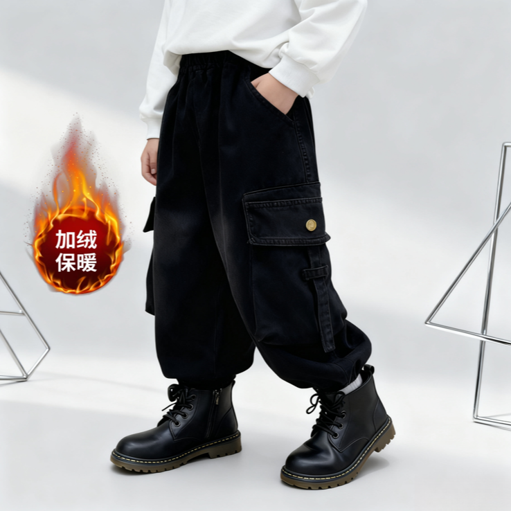 男童加绒裤子灯笼裤冬款2025新款儿童工装裤中小童牛仔裤宽松长裤