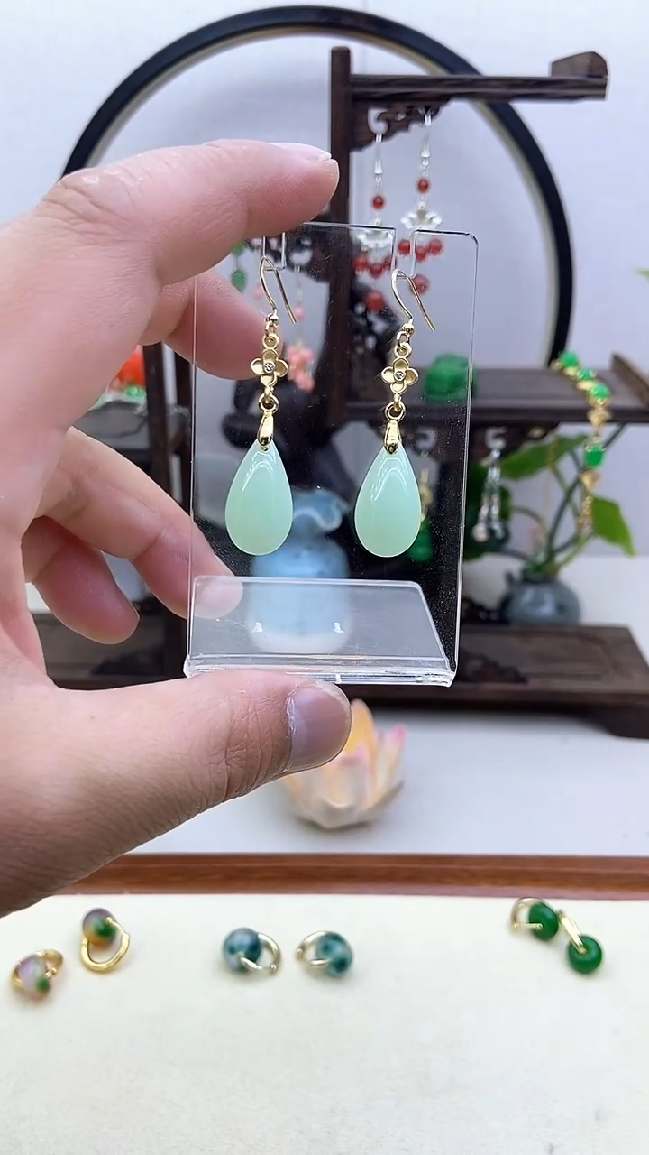 和田玉14K金镶嵌耳饰89号